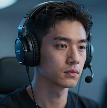 Close-up portrait of Nicky Awake wearing professional headphones, focused artistic expression, cinematic lighting with #7A7CF1 and #E0E0EB highlights.