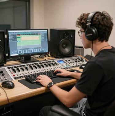 Close-up of a music producer analyzing sound waves on a dark studio screen.