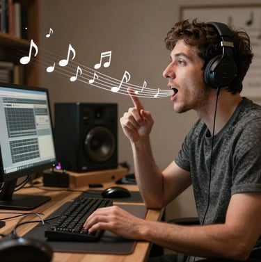 Close-up of a music producer analyzing sound waves on a dark studio screen.