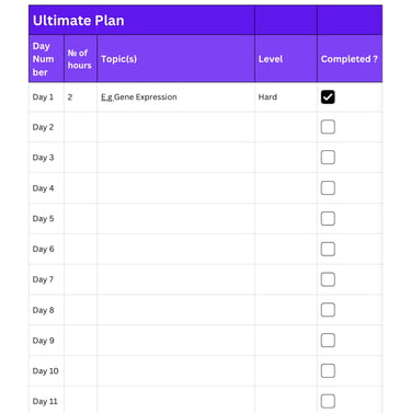 A purple and white ultimate study plan table tracking daily learning topics and progress with checkboxes.