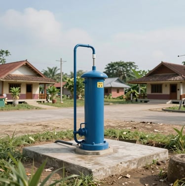 A wide-angle shot of a newly installed clean water pump station in a rural Southeast Asian / Indonesian village, professional architecture photography, bright and airy feel.