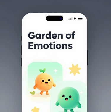 High-fidelity app screen mockup showing a 'Garden of Emotions' feature, using soft gradients, friendly characters, and a very legible, modern rounded typeface.