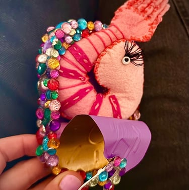 tinned fish sculpture pink shrimp in multicolor rhinestone tin