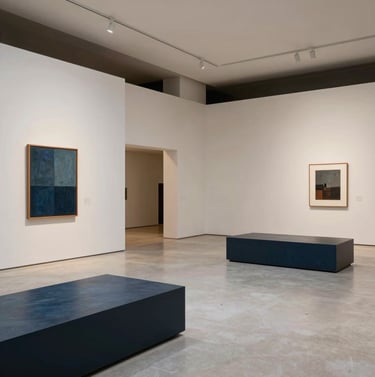 Perspective shot of a sophisticated contemporary art exhibition in Bogotá, showing minimalist installations and clean spaces with off-white and dark slate blue accents, Latinoamericano / Español region.