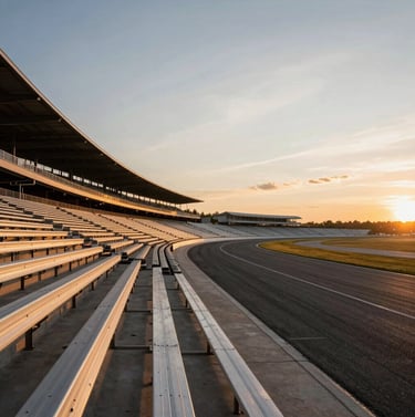Wide angle landscape of a North American race track at sunset, the grandstands reflecting off-white and golden hour light, empty asphalt stretching into a moody horizon.