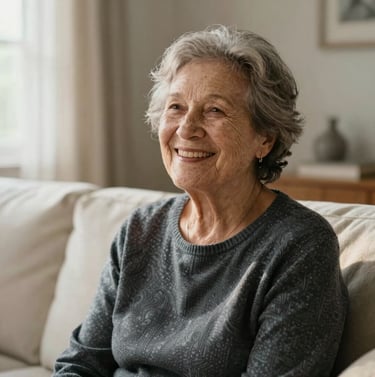 A candid, lifestyle portrait of a grandmother smiling warmly, captured in a sun-bathed living room. The lighting is soft and authentic, featuring textures of charcoal wood and off-white fabrics.