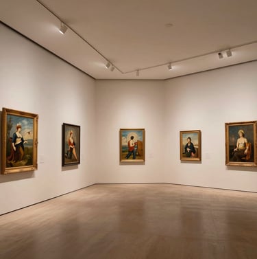 Wide-angle photography of a clean, modern art gallery interior in a North American city, minimalist light beige walls, soft recessed lighting, showcasing a few framed paintings.