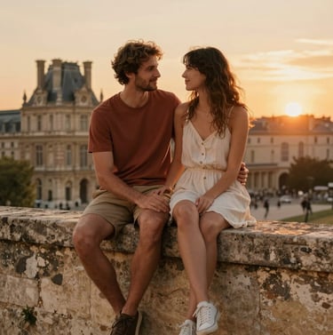 Lifestyle photography of a couple sitting together on an old stone wall, warm sunset glow, intimate and sincere expression, French architecture in background, cinematic tones of terracotta and sand.