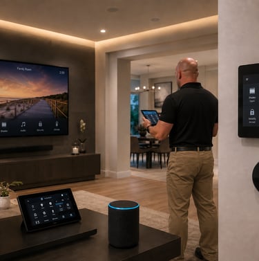 Smart home automation system with wall mounted touch screen, tablet, and smart speaker in modern living room.