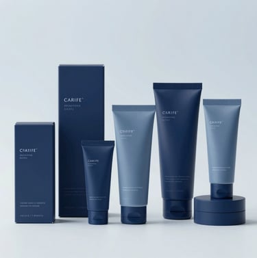 A wide shot of a full product range including various sizes of boxes and tubes. All packaging follows a consistent minimalist brand identity in #0A1118 and #ECF0F1. Clean, uncluttered professional background.