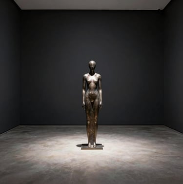 Wide shot of a minimalist gallery space with a single muted steel sculpture in the center. The walls are deep obsidian, illuminated by a single spotlight of soft cloud white. Artistic and professional.