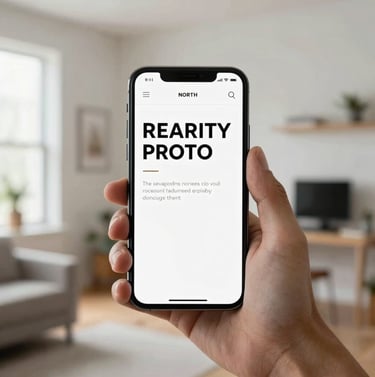 A close-up of a hand holding a high-end smartphone in a bright, modern interior. The screen shows a sophisticated, minimalist website with bold black typography and plenty of white space. The background is softly blurred, showing a clean North American home office.