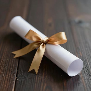 A refined, artistic close-up of a graduation scroll tied with a gold ribbon (#A88B57) resting on a dark wood surface (#1A1C20), symbolizing educational success.