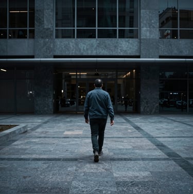 A cinematic still of a solitary figure walking through a modern plaza in a major Latin American / Hispanic city, high contrast lighting, Slate Blue and Midnight Charcoal color palette.