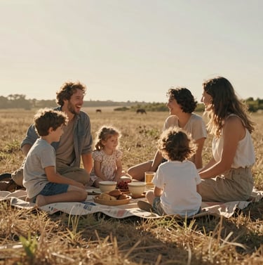 Spontaneous photo of a family having a picnic in a sunny Portuguese meadow. Laughter and authentic interactions. The style is cinematic and warm, with dominant soft sand and brown earthy tones.