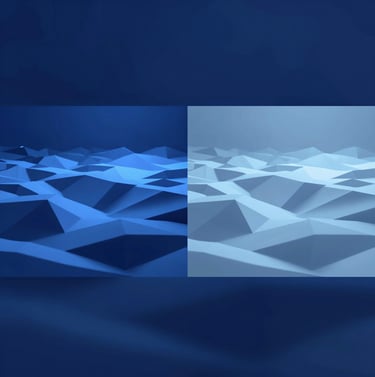 A side-by-side comparison image showing a low-poly terrain prototype under blue volumetric lighting. Clean, technical aesthetic focusing on development stages. Colors: #3F516B and #A7BCCB.