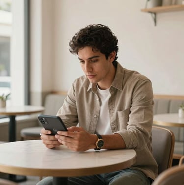 A candid shot of a stylish creator reviewing content on a digital device in a chic, sun-drenched café. The atmosphere is warm and aspirational, featuring muted taupe and eggshell white tones, Latinoamericano context.