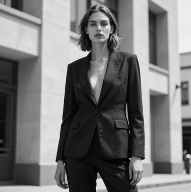 High-fashion photography shot in an urban South American setting. A model posing with architectural minimalist lines in the background. High contrast black and white style with sharp details and professional lighting.