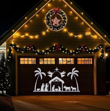 Outdoor Nativity scene projected onto garage