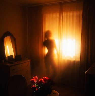 Blurred female silhouette behind glowing curtains in a dim room, evoking sensuality, vulnerability,