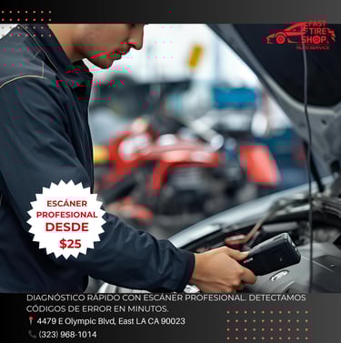 Mechanic using diagnostic scanner to detect vehicle issues at Fast Tire Shop East LA
