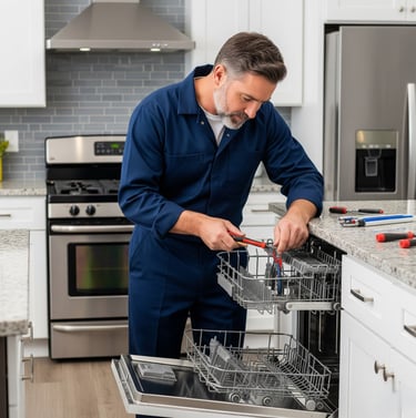 A male appliance technician in a blue uniform is intently repairing an open dishwasher with a tool i