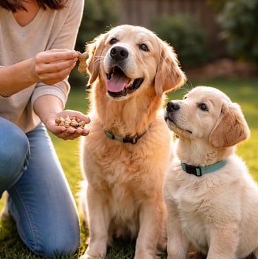 Dog and Puppy eating snacks.