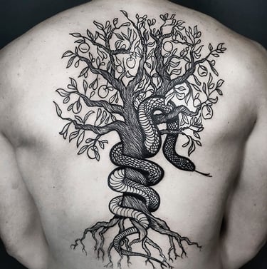 Tatouage dans le dos de l'arbre de la création. 