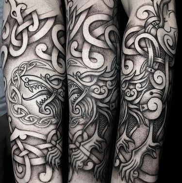 Hate arm Tattoo. Tatouage du loup Hati sur le bras.