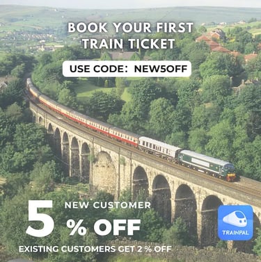 Train crossing a scenic stone viaduct in the countryside with a TrainPal discount code offer.