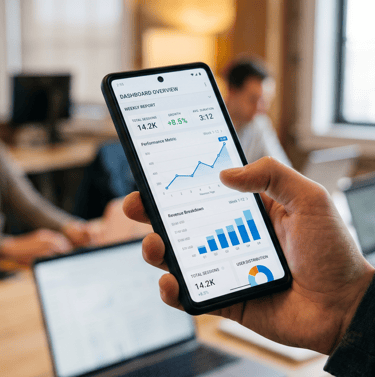 Hand holding a smartphone displaying a business data dashboard with analytics charts and revenue reports in an office.