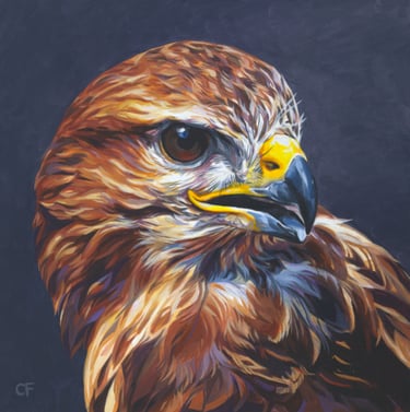 a painting of a cross looking buzzard against a stormy grey sky