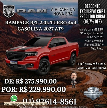 Red Ram Rampage R/T 2027 pickup truck with black roof and stripes for sale in Brazil.