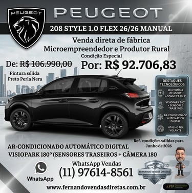 Black Peugeot 208 Style 1.0 Flex with special promotional pricing for micro-entrepreneurs and rural producers.