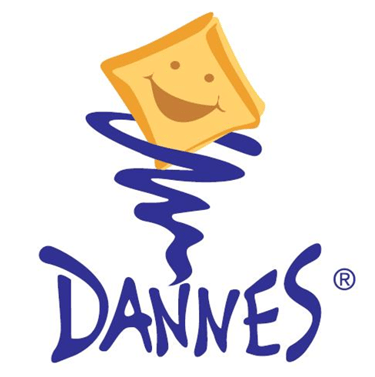 Dannes logo featuring a smiling yellow snack square icon above a blue swirl.