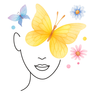 Illustration d’un visage féminin orné d’un papillon et de fleurs – symbolisant la transformation int