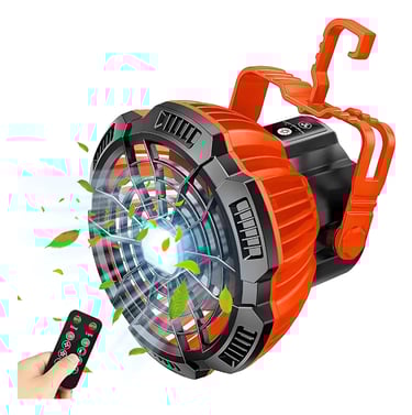 Portable camping fan with LED flashlight, hanging hook, and remote control for cooling outdoor tents
