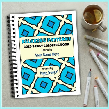 A personalized coloring book, Relaxing Patterns, with abstract designs with tea and markers