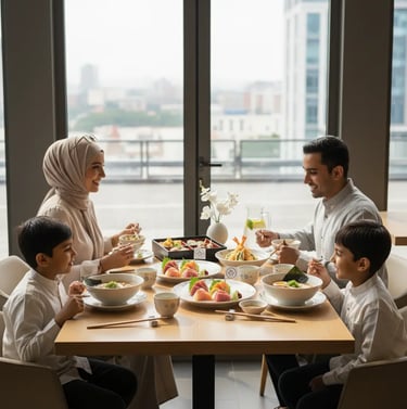 Muslim family enjoying a halal lunch with a city view during a private Mount Fuji tour stop.