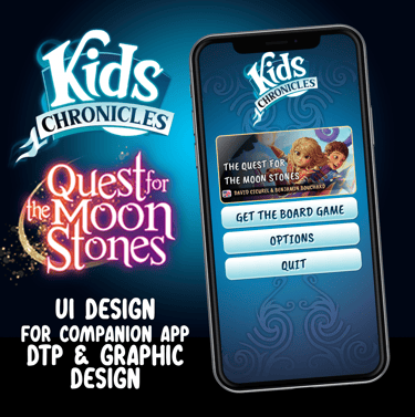UI Design for companion app, DTP and graphic design for board game: Kids Chronicles
