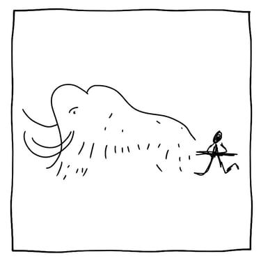 Dibujo minimalista de trazo simple que muestra a un mamut seguido por una pequeña figura humana.