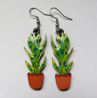  Pendientes colgantes hechos a mano con forma de lengua de suegra verde en macetas