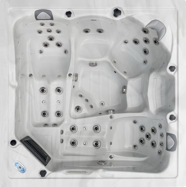 a hot tub with a white tub and a black and white tub