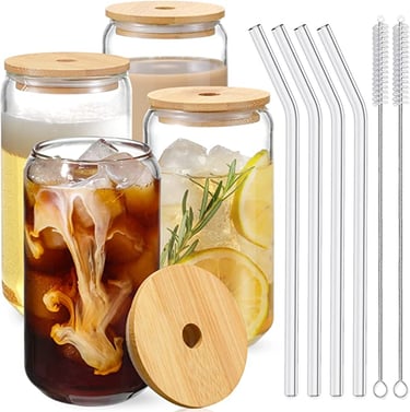 Drinking Glasses with Bamboo Lids and Glass Straw 4pcs Set 16oz Tumbler Cup w/ 2 Cleaning Brushes