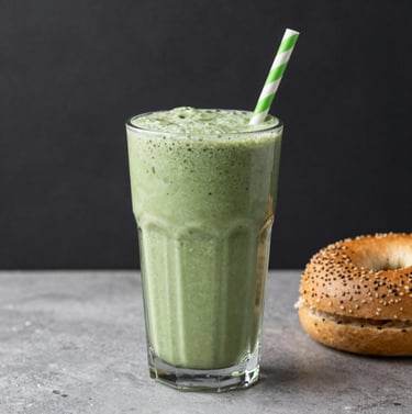 Post-workout protein smoothie with spinach and bagel — meal 2 for women who strength train