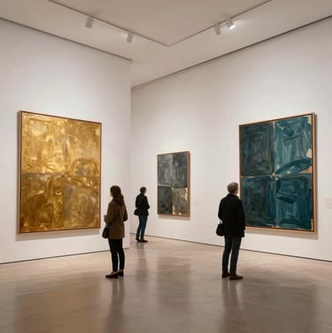 A wide-angle interior shot of a minimalist art gallery in a Northern European / Welsh / British city. Several large-scale canvases with golden ochre and deep charcoal teal abstract patterns hang on soft alabaster walls. People in stylish attire view the art.