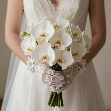 Detailed photography of a bride's hands wearing delicate lace gloves and holding a bouquet of cream white orchids. Soft lighting, warm champagne grey background, elegant and sophisticated style, Hispanic / Spanish-speaking wedding detail.
