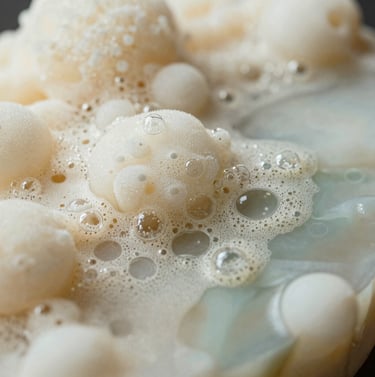 Extreme detail of a resin surface, focusing on the unique textures and air bubbles intentionally trapped to resemble sea foam, using Elegant Cream and Muted Sage colors.