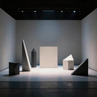 A wide-angle landscape shot of a minimalist performance set featuring geometric shapes and cool-toned lighting. The scene is immersive and sophisticated, reflecting a North American / US avant-garde theatre design.