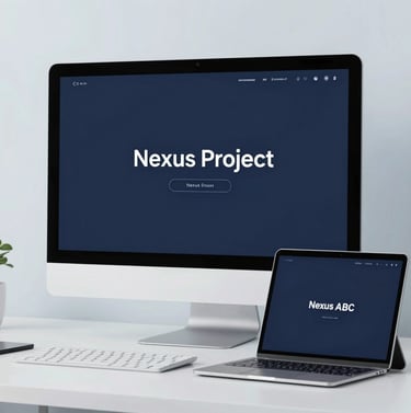 A minimalist workspace setup featuring a desktop monitor and a tablet both displaying the Nexus project. Clean aesthetics, soft natural light mixed with #2D3A4B screen glow. Background is #E6EFF5.